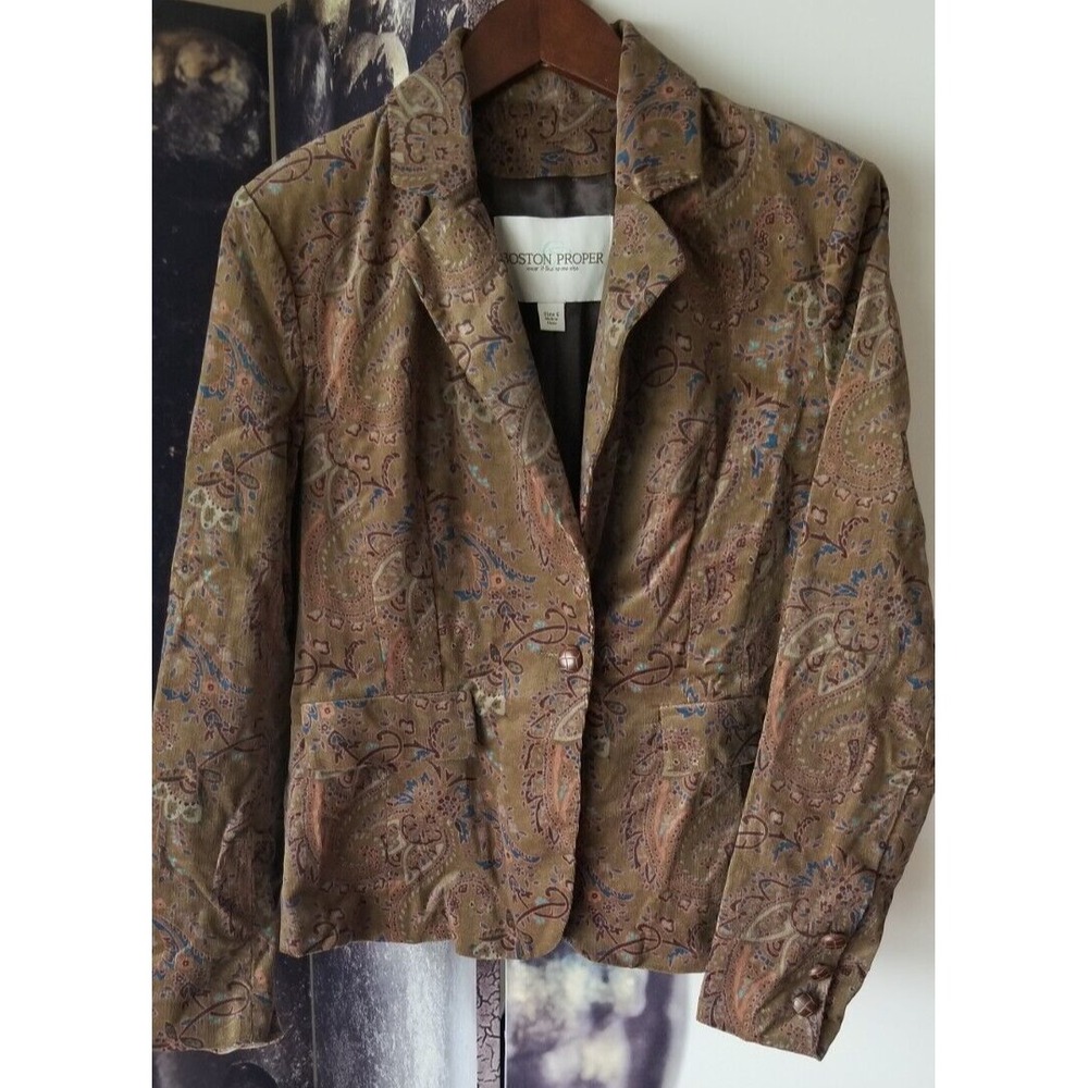 BOSTON PROPER Women's Fall Brown Velvet Paisley 1 Button Blazer Jacket Size 6‎
